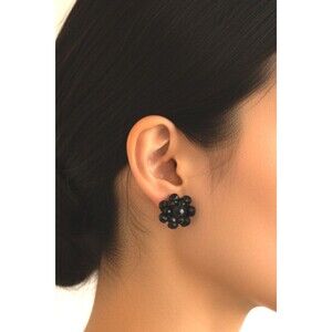 Vtg Vogue Glass Black Faceted Clip-on Earrings Beaded Signed Gothic Whimsical